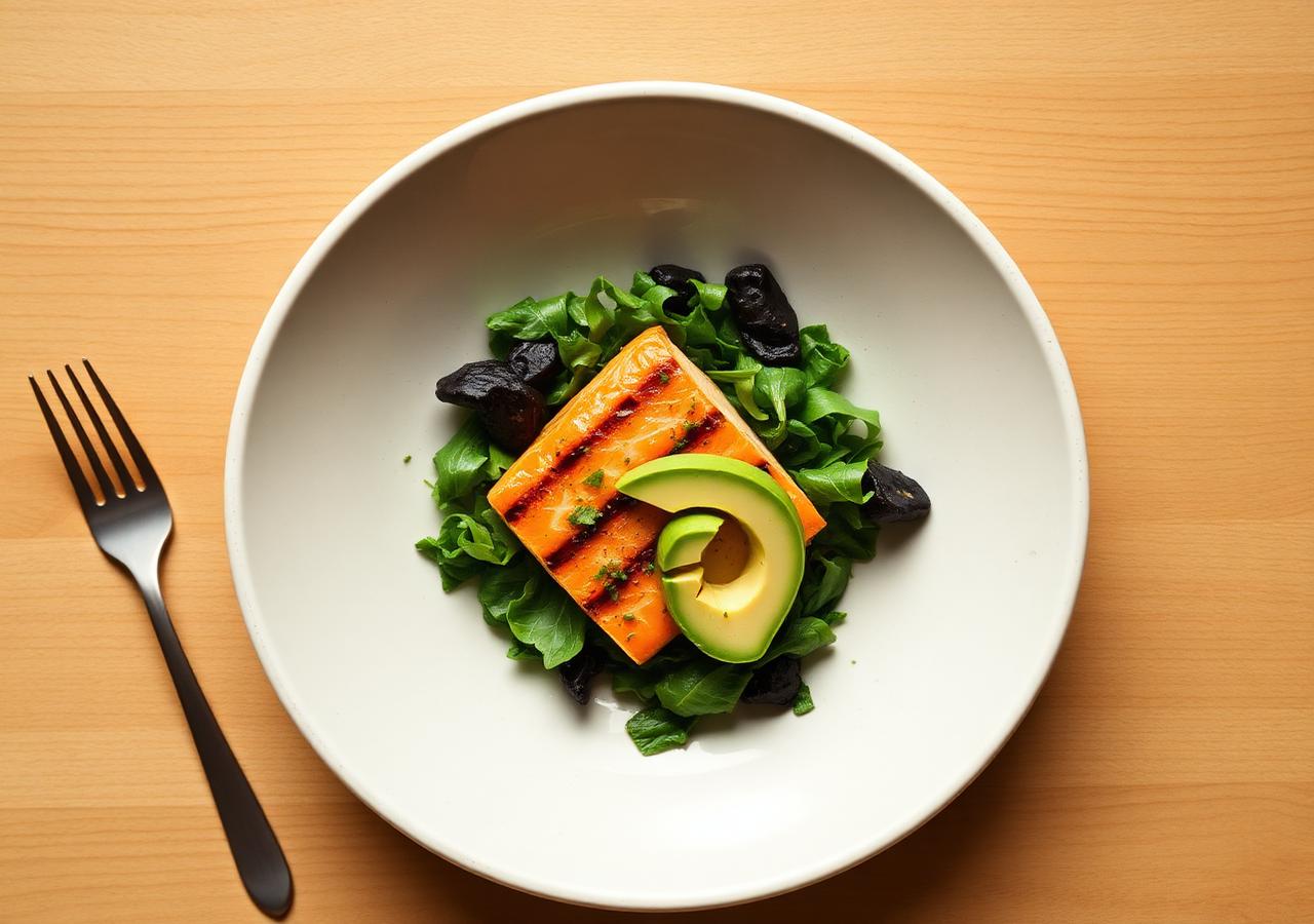 Overhead shot of a Mediterranean-style plate with grilled salmon, greens, and avocado