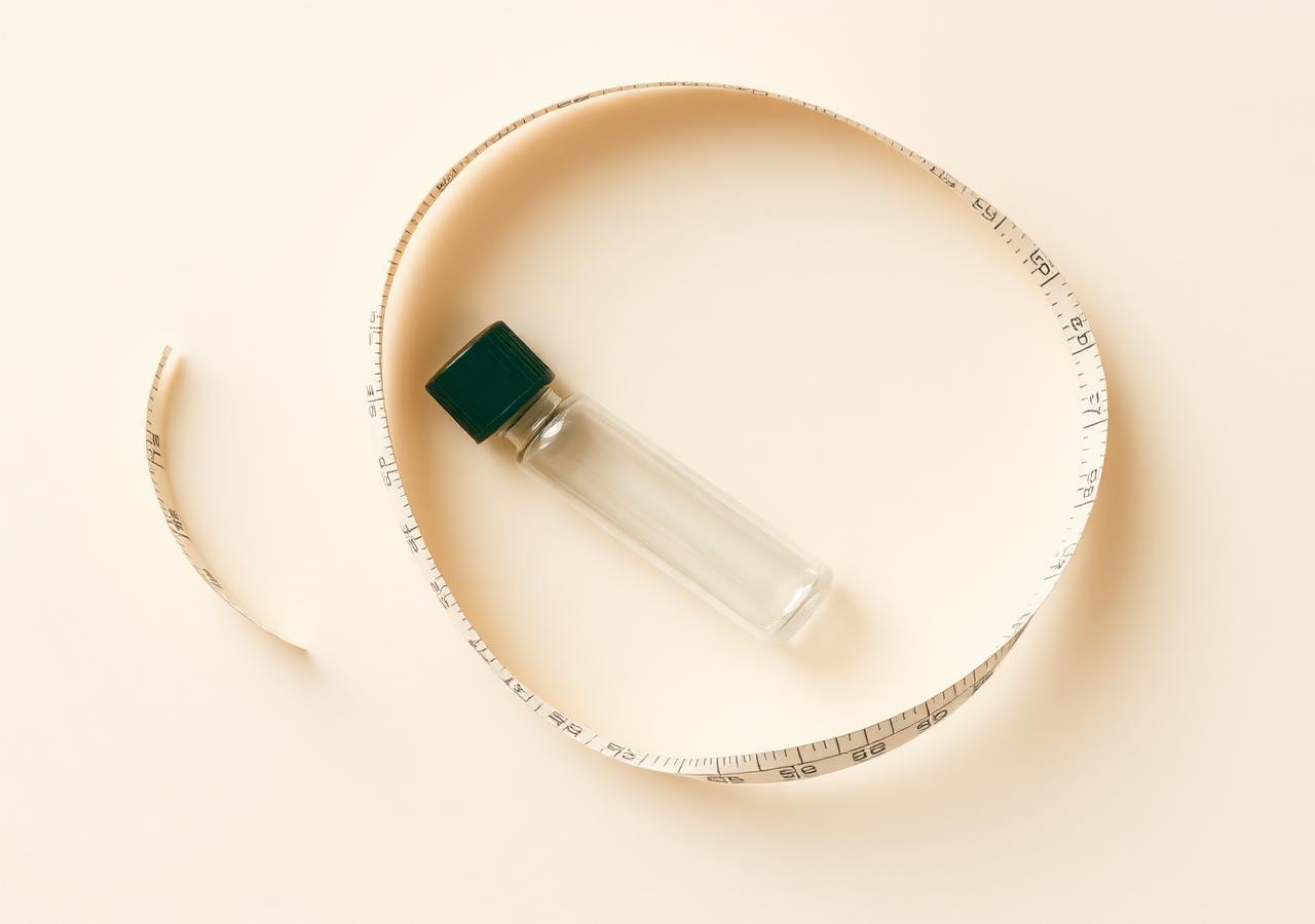Measuring tape curled around a small clinical vial on a cream background